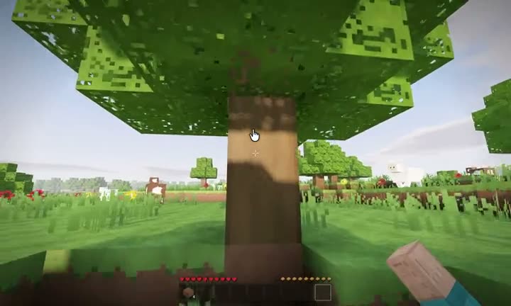 First-person block game view of a meadow with sheep and cows under a large tree