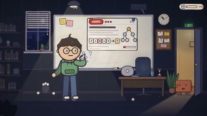Animation scene of a person puzzling over a hard problem in front of a whiteboard in a dark room