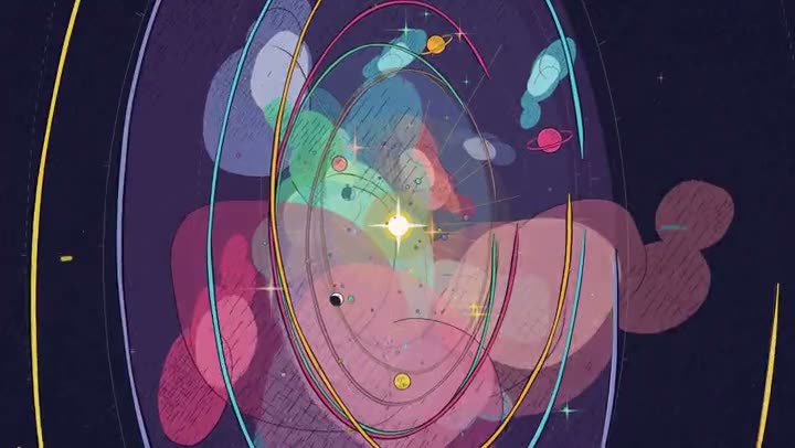 A frame of a space animation with planets and colorful orbit lines swirling