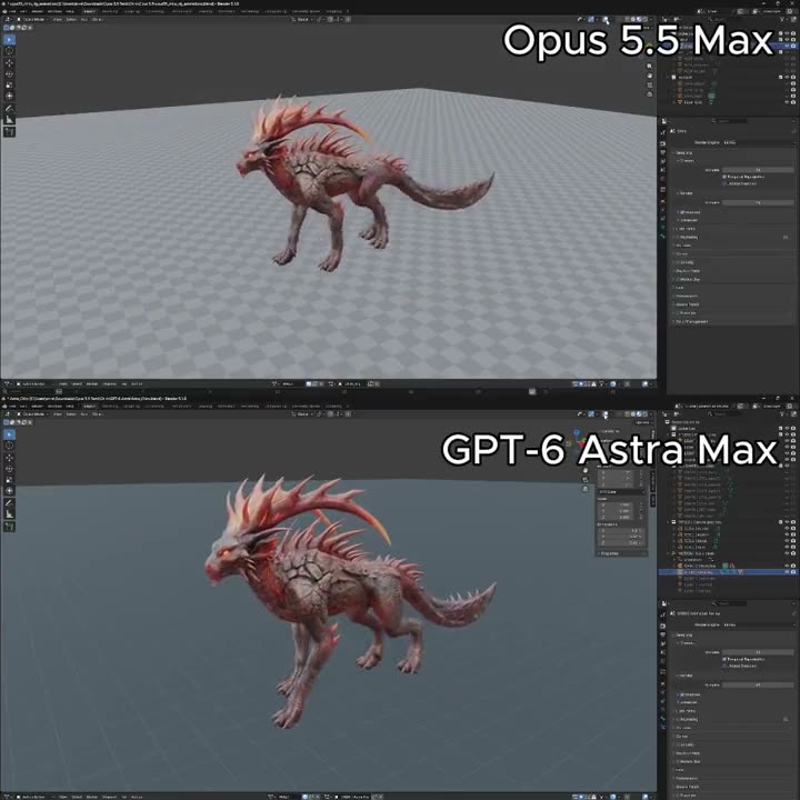 Blender screens comparing, top and bottom, the red monster rigged by Opus 5.5 and by GPT-6 Astra