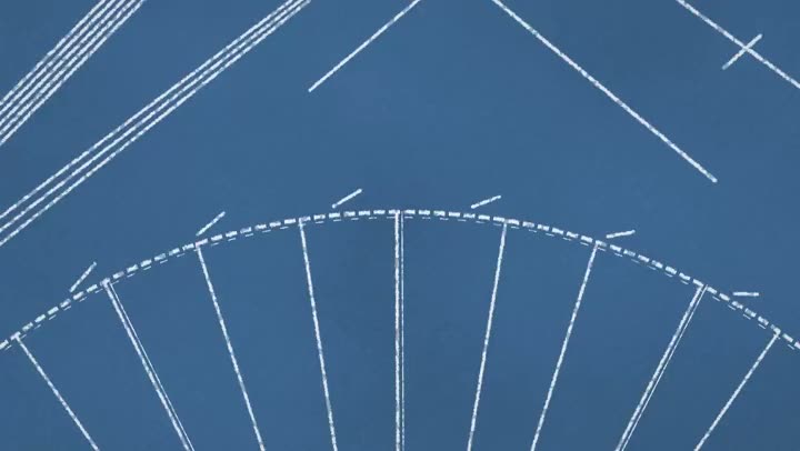 Blueprint-style launch video scene with arcs and straight lines drawn in white dotted lines on a blue background
