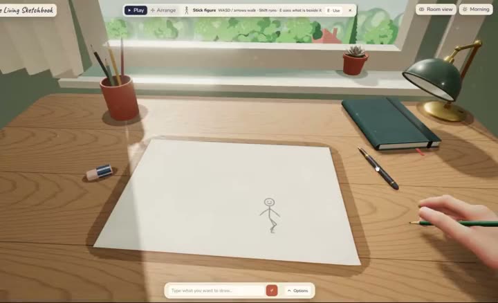Sketchbook app screen with a stick figure drawn on paper on a desk and the drawing input box