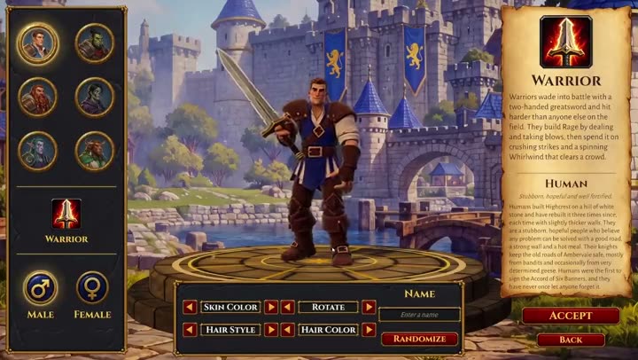 성을 배경으로 전사 캐릭터를 고르는 MMO RPG 캐릭터 생성 화면