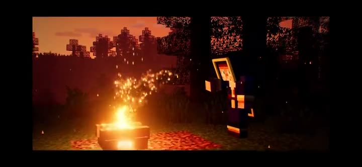 Scene from a Minecraft mod trailer showing a character standing by a campfire in a forest at dusk