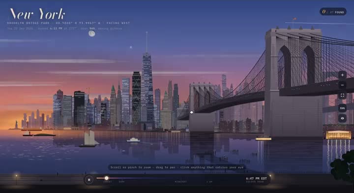 Screen recording of an SVG drawing of the Brooklyn Bridge and the New York skyline at dusk
