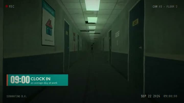 Opening scene of a dark office corridor that looks like security camera footage, with the caption 09:00 CLOCK IN