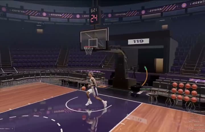 Browser game screen of a player dribbling toward the hoop in a purple basketball arena