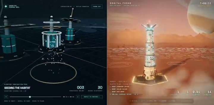 Comparison of the Orbital Forge planet base screens made by GPT-6 Sol and Opus 5.5