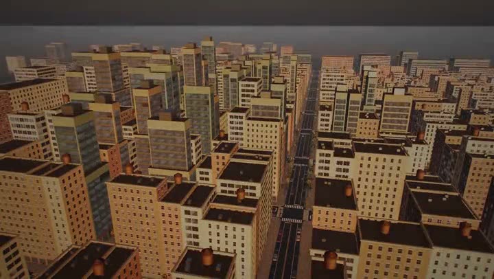 Opening frame of the video looking down on a Three.js 3D city dense with high-rise buildings