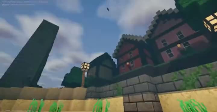 Video frame of a Minecraft-style block village with realistic lighting