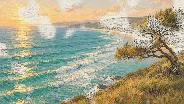 Animation scene of an oil-painting-style seaside at sunset and a tree on a hill, with visible brushstrokes