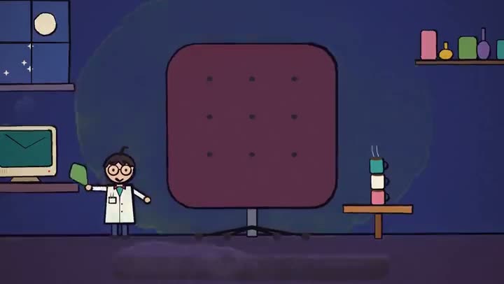 Music video scene of a scientist character standing next to a large chair in a lab at night