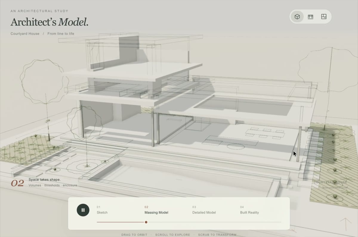 3D scene growing from a sketch into a house