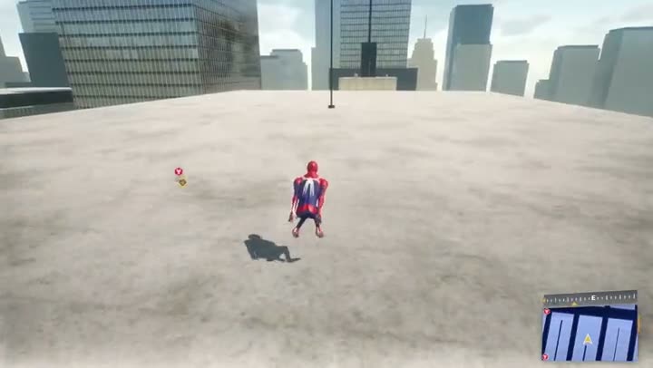 Three.js game screen with a Spider-Man character on a city rooftop and a minimap