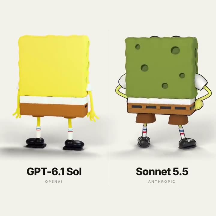 GPT-6.1 Sol과 Sonnet 5.5가 Blender로 만든 스폰지밥 나란히 비교 영상