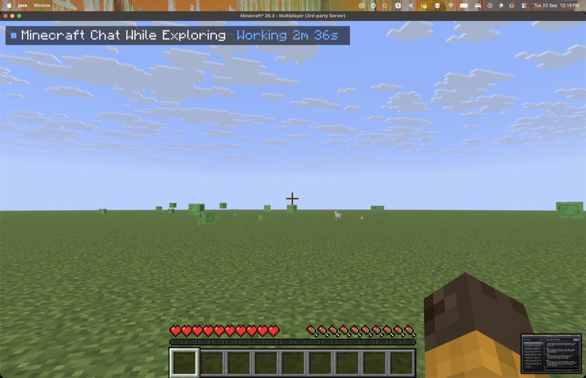 Minecraft grassland with a work status bar at the top