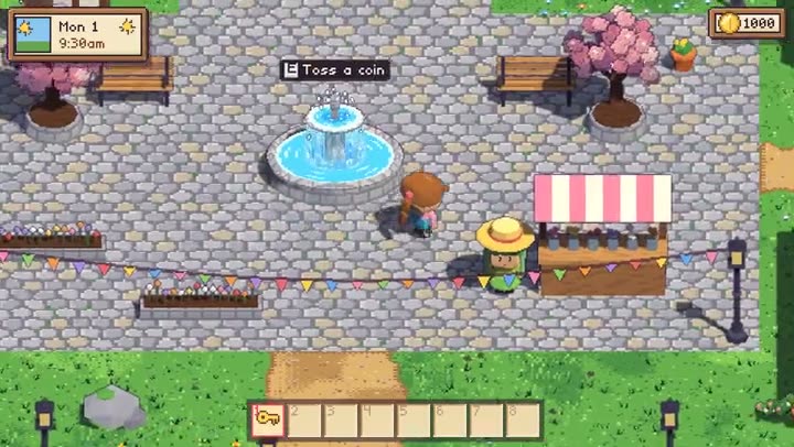 Game screen of a character walking through a pixel art town square with a fountain and cherry trees